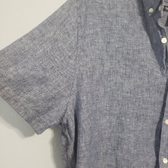 Gap Mens Linen Blend Button Up Shirt XL Slim Fit Blue Short Sleeve Chambray - Picture 10 of 12